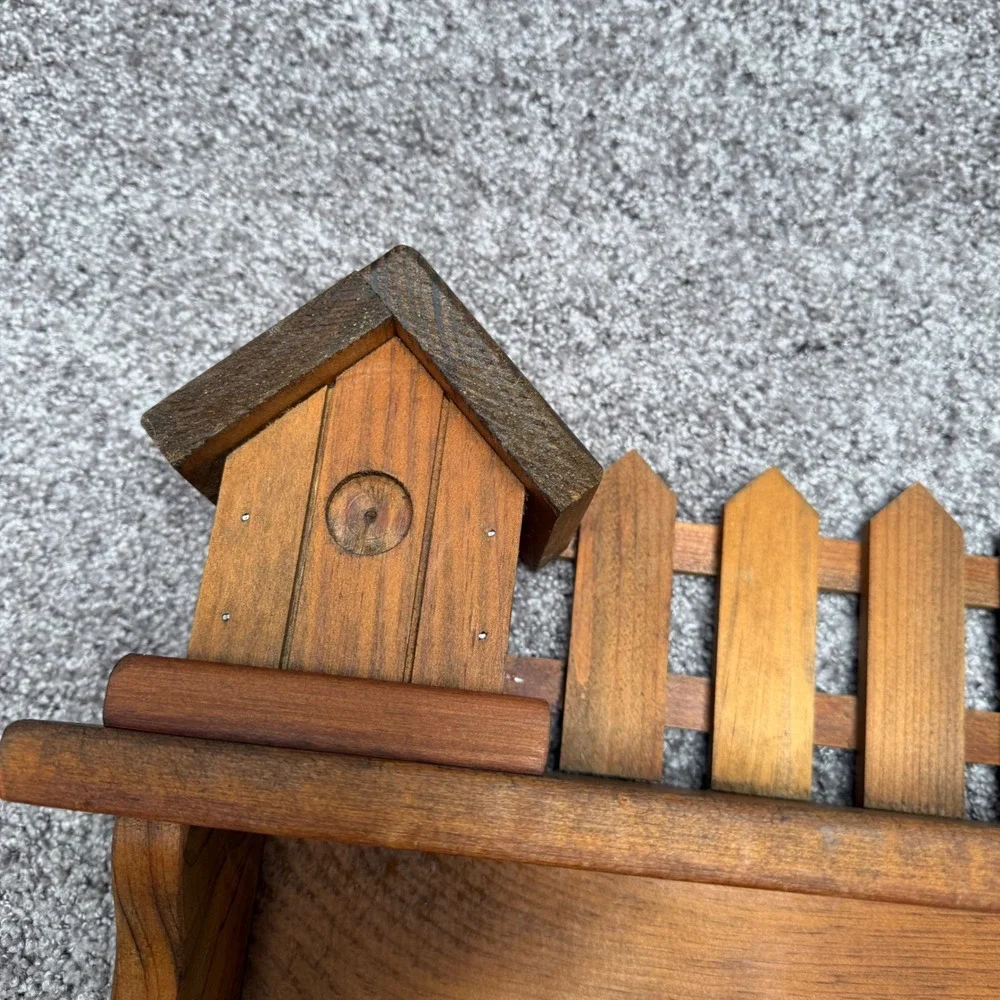 Vintage Wooden Wall Shelf Pegs Birdhouse Picket Fence Brown Cottage Rustic Farm